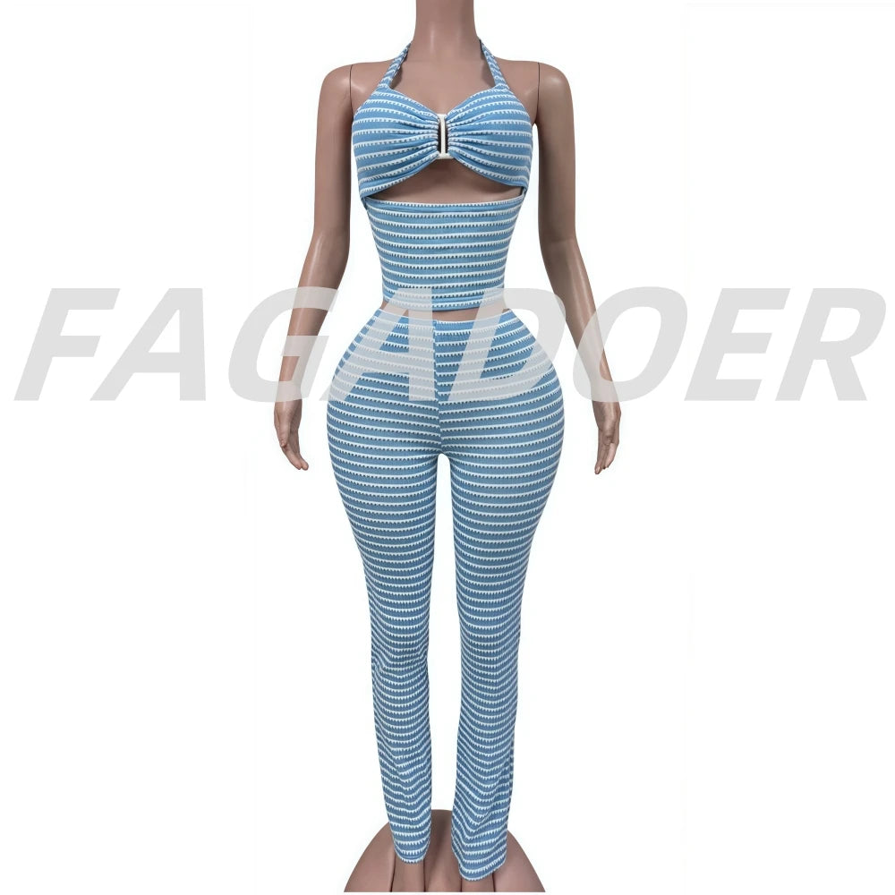 FAGADOER Sexy Stripe Patchwork Two Piece Outfits Woman Halter Backless Tank Top + Skinny Pants Suits Female Streetwear Clothing