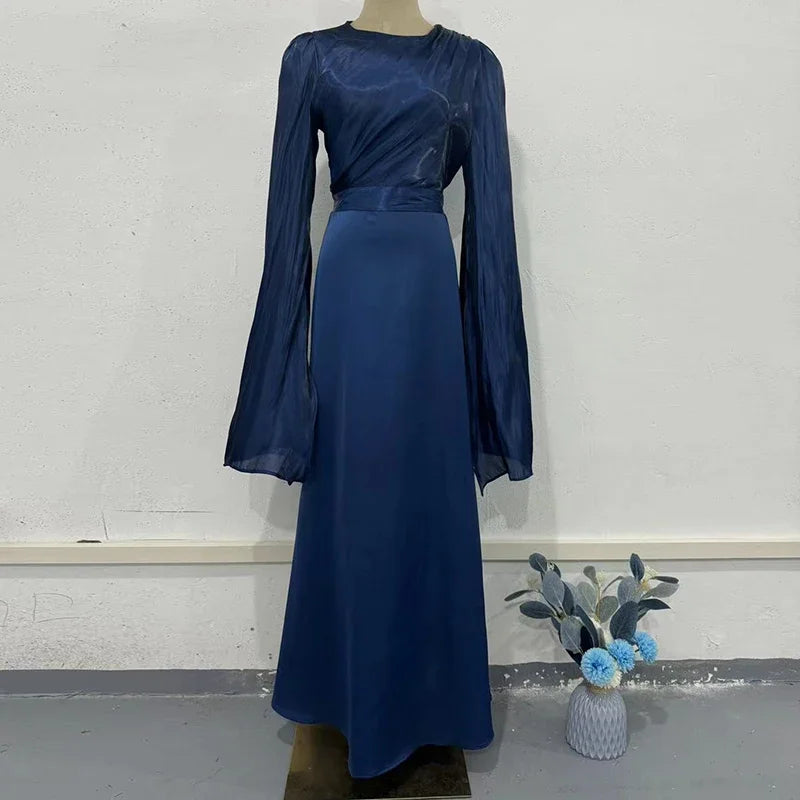 Women's Spring Solid Spliced Satin Maxi Dress Sexy O Neck Slim Bodycon Hip Long Dress Summer Batwing Sleeve Hollow Evening Dress