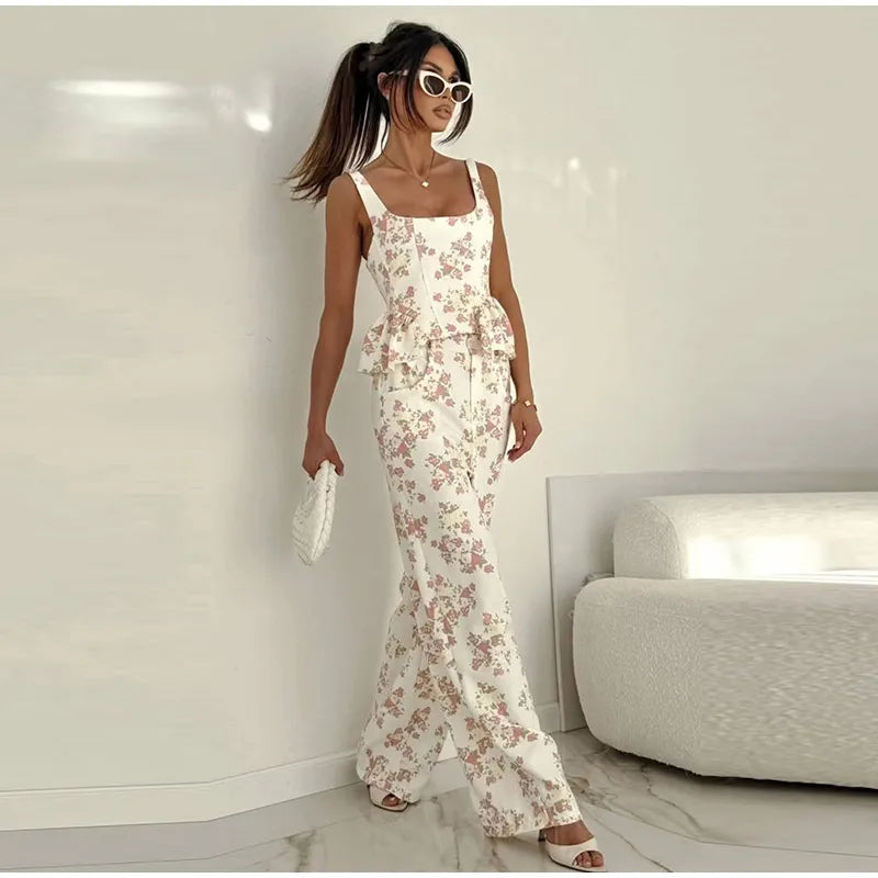 Floral Print Ruffle Wide Leg Pants Two Piece Set For Women