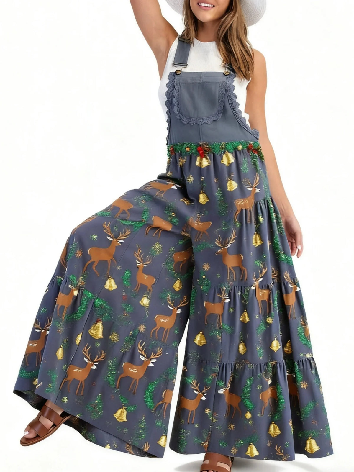 Christmas Print Wide Leg Lace Patchwork Jumpsuit for Women