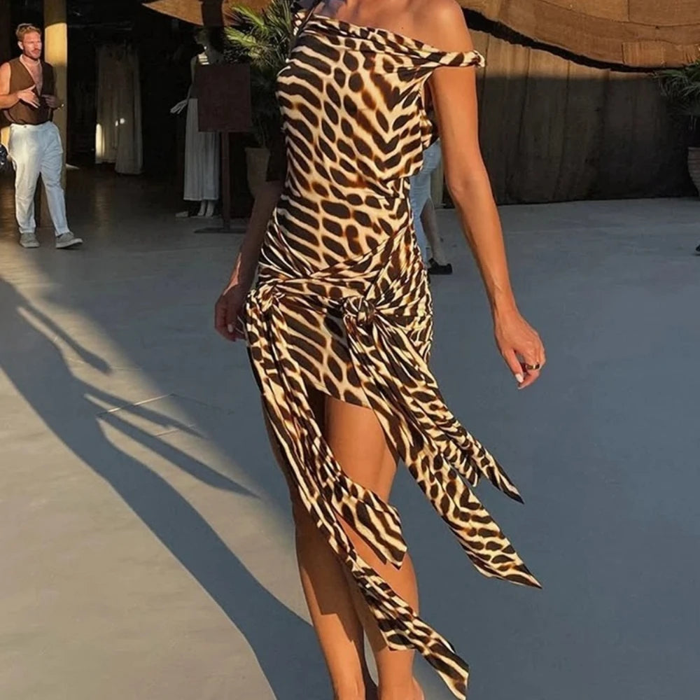 Tiger Stripe Print Bodycon Mini Dress With Tassel Detail for Women