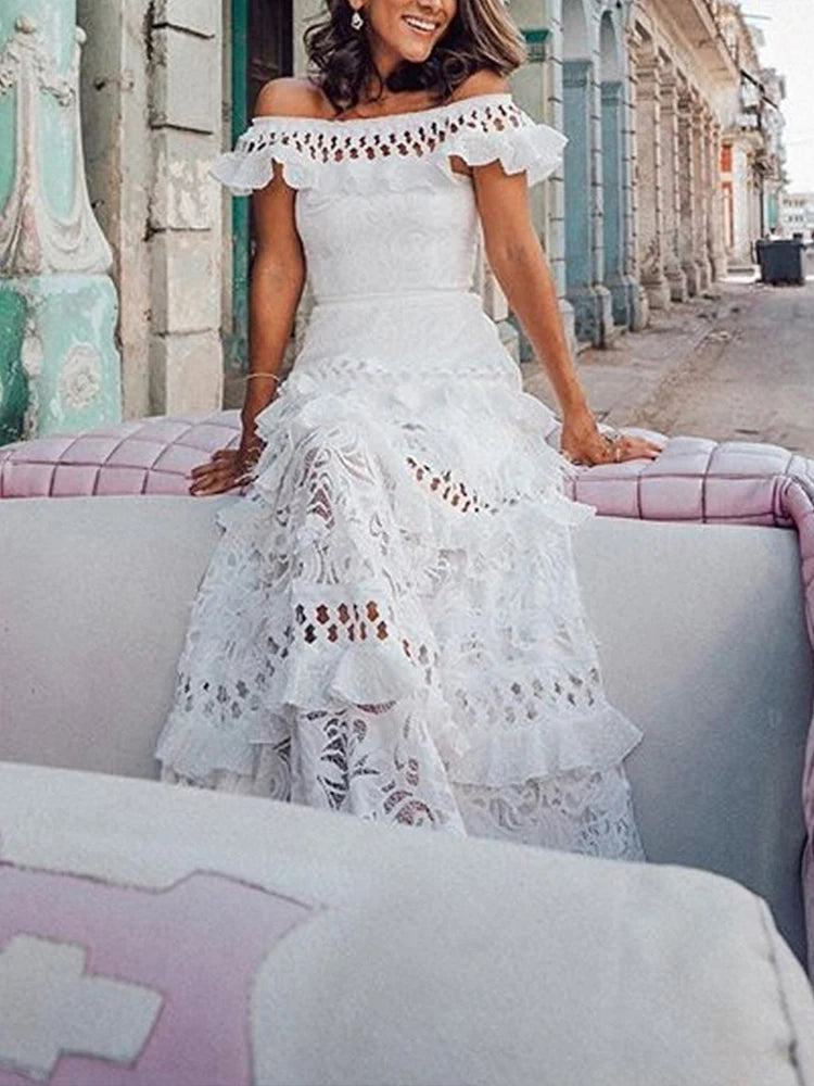 Elegant One-Shoulder Lace Ruffle Long Evening Dress for Women