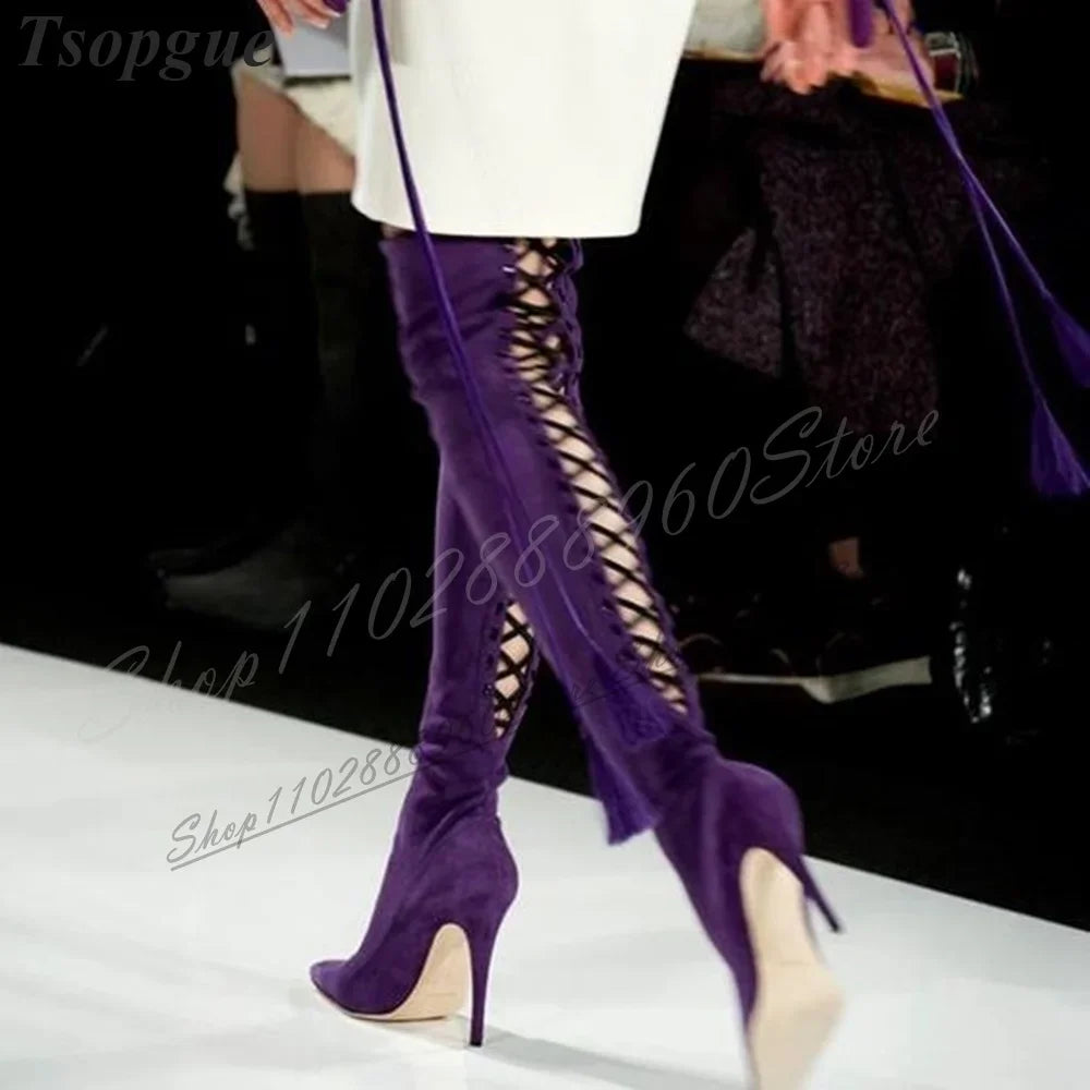 Over The Knee Purple Flock Cross Tied Boots Thin High Heel Shoes For Women Slip On Pointed Toe 2024 Fashion Zapatos Para Mujere