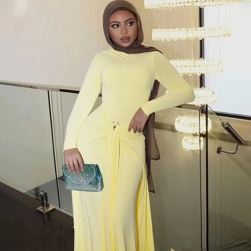Elegant Solid Buckle Bandage Slim Maxi Dress for Women Autumn Long Sleeve Bodycon Holidays Party Dress Lady Casual Dress