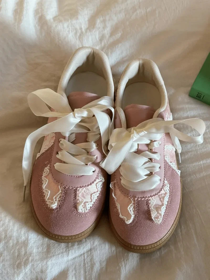 Cream French Lace Satin Ribbon Vintage Sneakers For Women