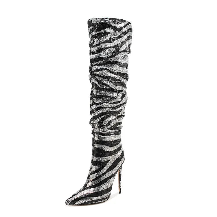 Sequined Pointed Toe Knee High Heeled Boots for Women