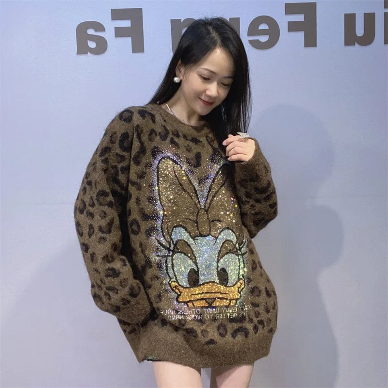 Heavy Industry Rhinestone Mid-length Sweater Coat Winter Leopard Print Thickened Knitted Top Jacket Long-sleeves O-neck Jumpers