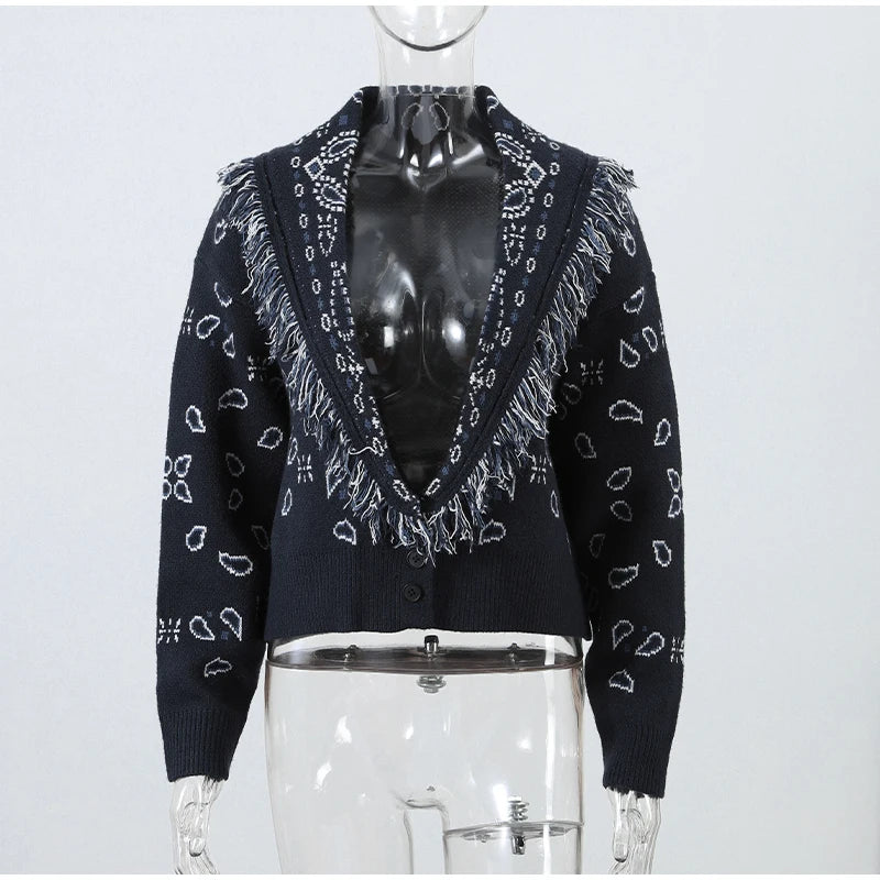 Ethnic Tassel Women 's Sweater Knitted V-neck Bandage Thicken Full Sleeve Jumper For Woman Winter Woman Coats Jacket Knitwear