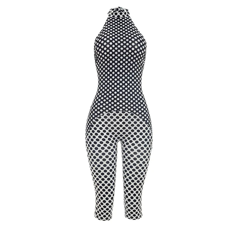 Patchwork Polka Dot Halter Bodycon Romper for Women