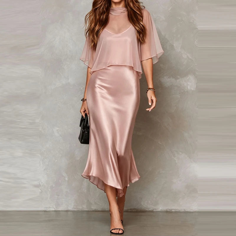 Women's Casual Sleeveless Silk Chiffon Skirt Sets Elegant Sheer Solid Mermaid Suits Sexy V-neck Sling Long Dress & Cape Outfits