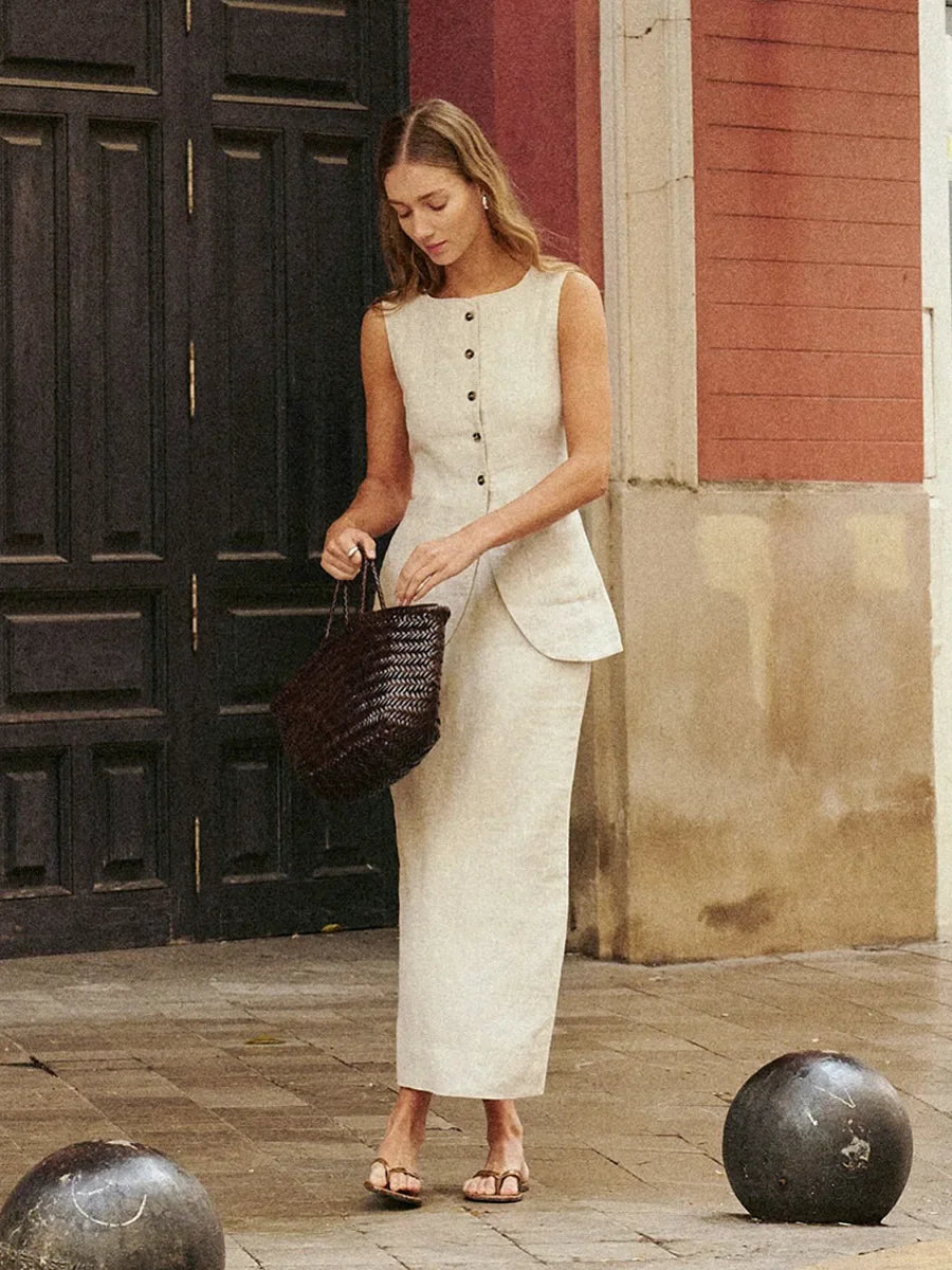 Breathable Linen High Waist Vest And Skirt Set For Women