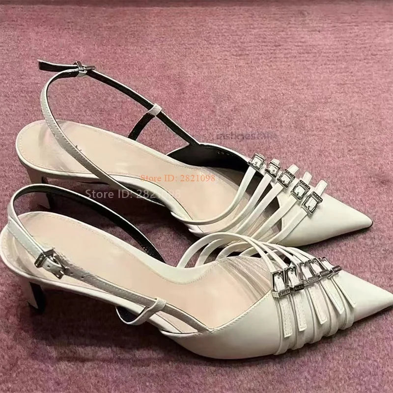 Pointed Toe Slingback Pumps With Belt Buckle Straps For Women