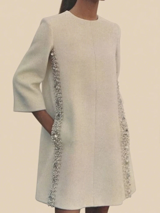 Elegant White Dresses Pretty Dress Spring Autumn Fashion Long Sleeves Loose Sequined Solid Color Luxury Round-neck Mini Dresses