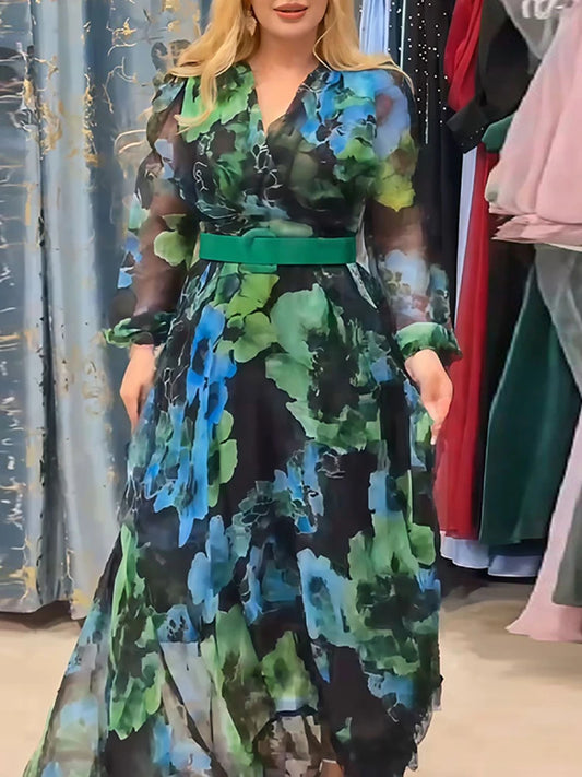 Fall Bohemian Casual Holiday Dresses Vintage Printed Long Sleeve High Waist Robe Dress Fashion V Neck Mesh Women's Party Dress