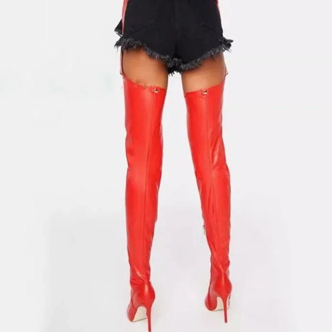 Red Pointed Toe Stiletto Thigh High Boots With Matching Belt for Women