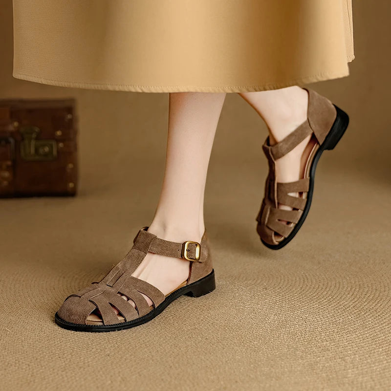 Retro Cowsuede Buckle Strap Closed Toe Sandals for Women