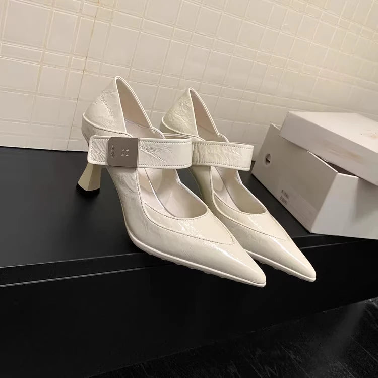 Soft Leather Pointed Toe Pumps With Metal Buckle for Women
