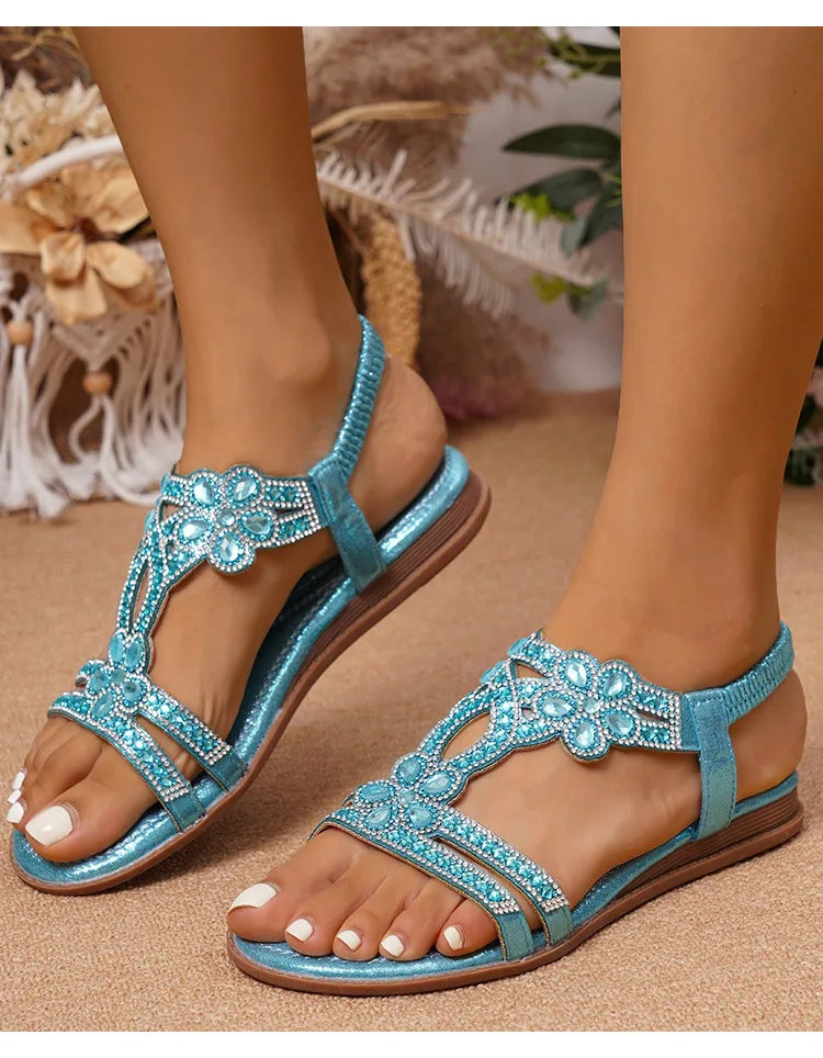 Bohemian Rhinestone Openwork Flat Sandals For Women
