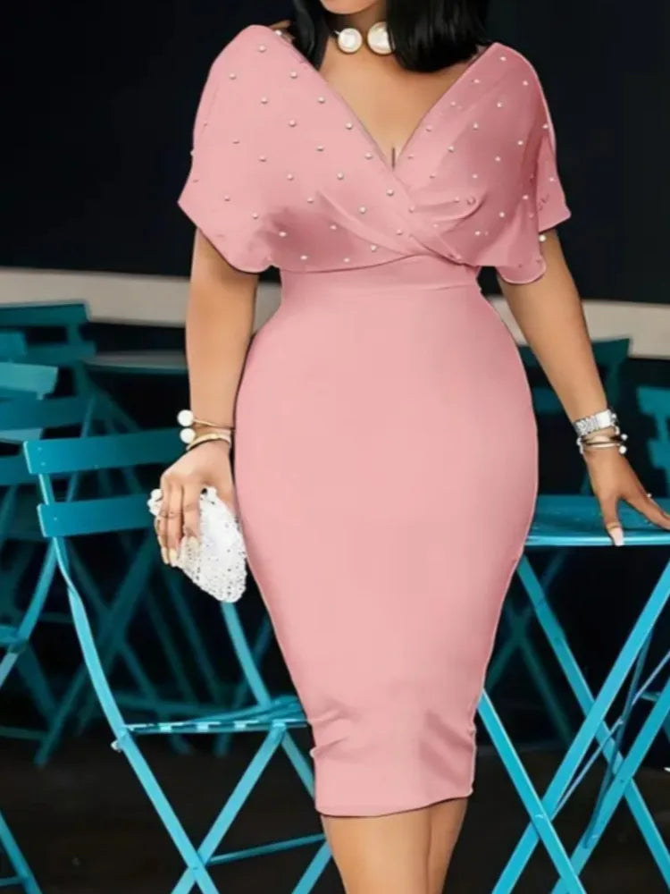 Elegant Solid V Neck Short Sleeve Knee Length Dress for Women