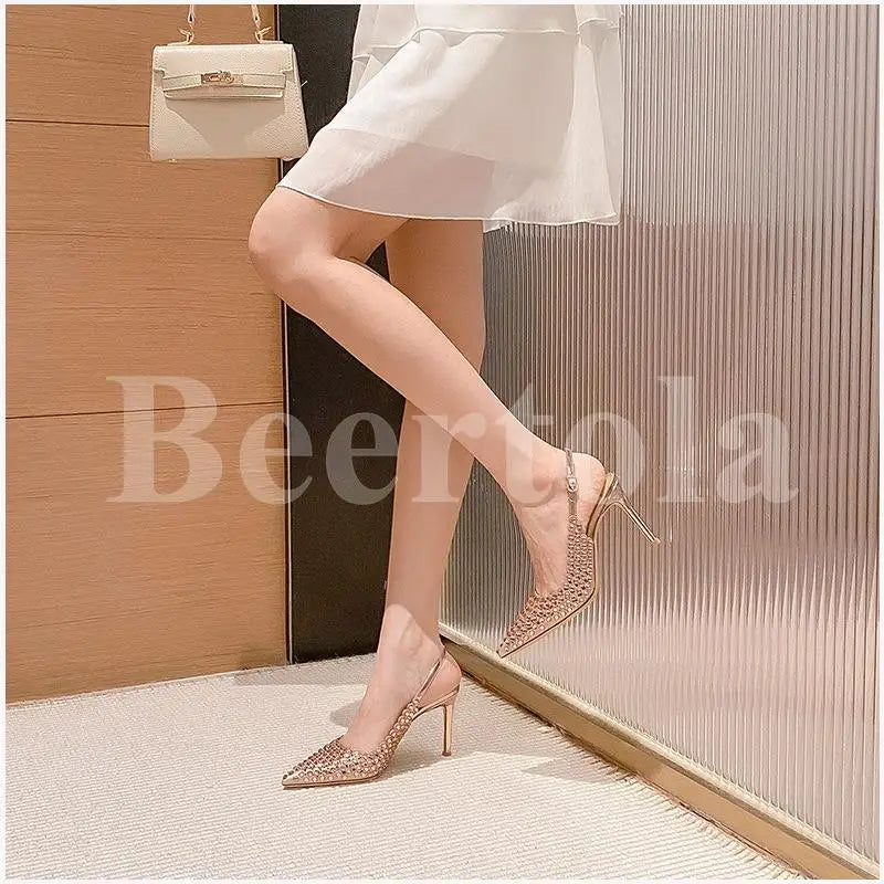 New Rhinestones Woman Sandals Diamond Pointed Toe Shallow Thin High Heels Back Strap Stilettos Female Wedding Bride Sandals