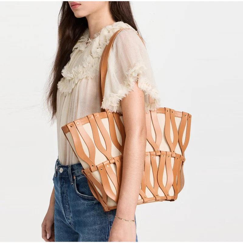 Hollow Fashion Woven Shoulder Bag Brand Retro Large Capacity Tote Bag Texture Contrast Color Canvas Handbag Beach Bag Women Bag