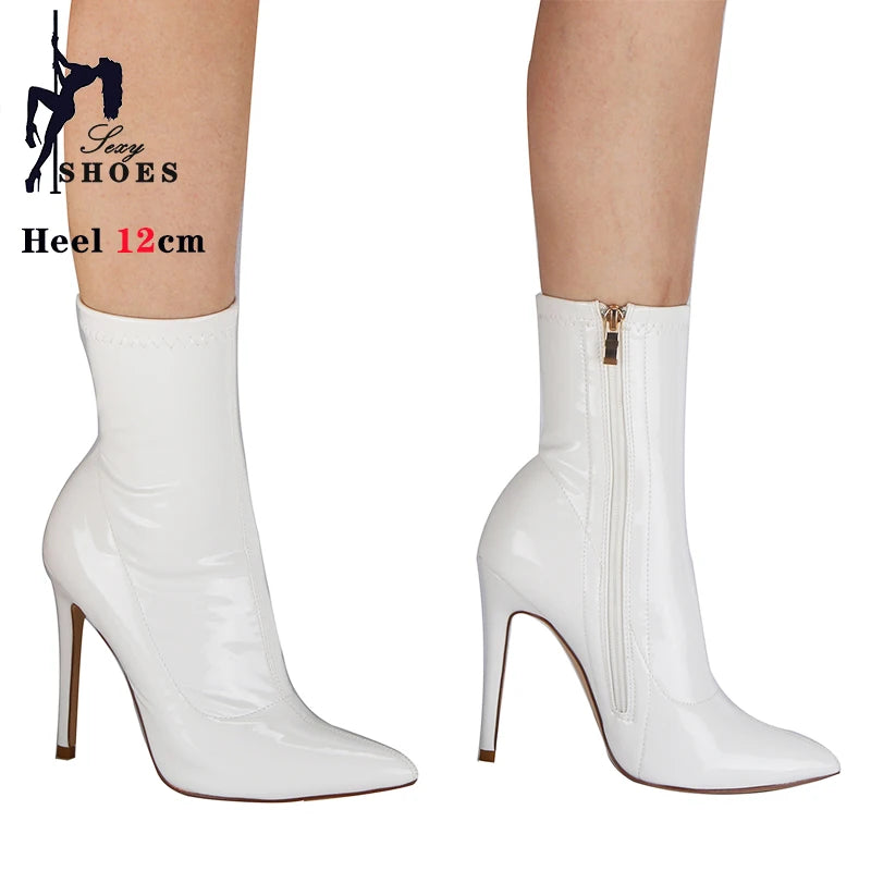 Glossy Patent Leather Ankle Boots with Thin Heels for Women