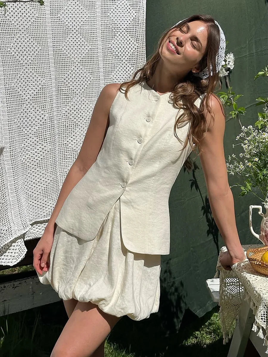 Casual Cotton Sleeveless Mini Skirt And Top Set for Women
