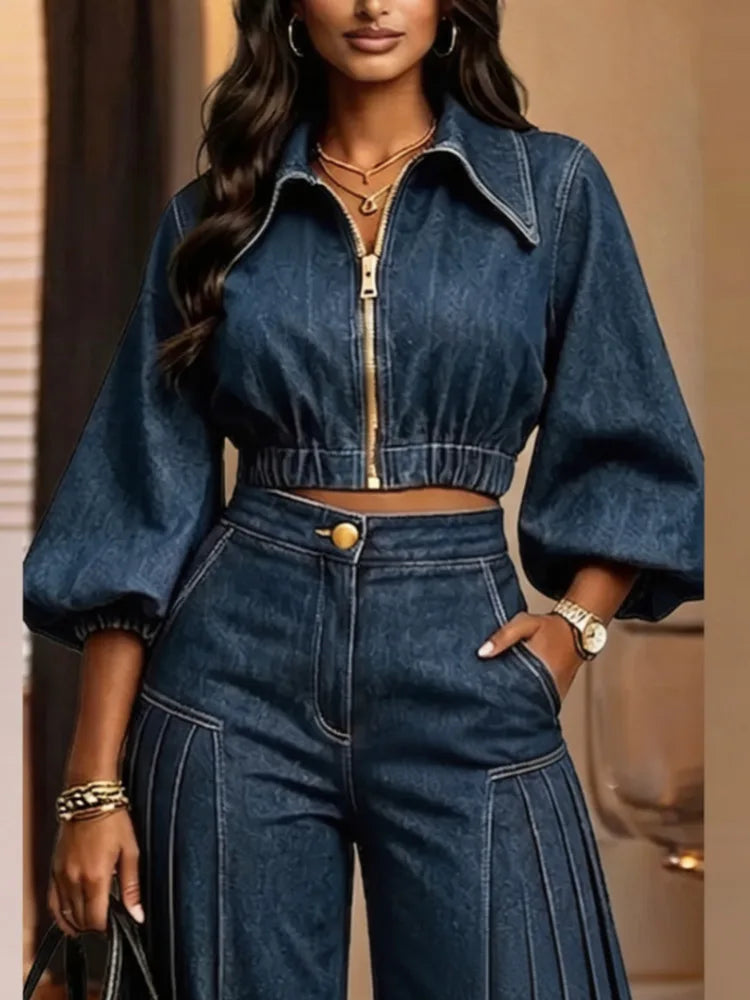 Puff Sleeve Wide Leg Denim Set