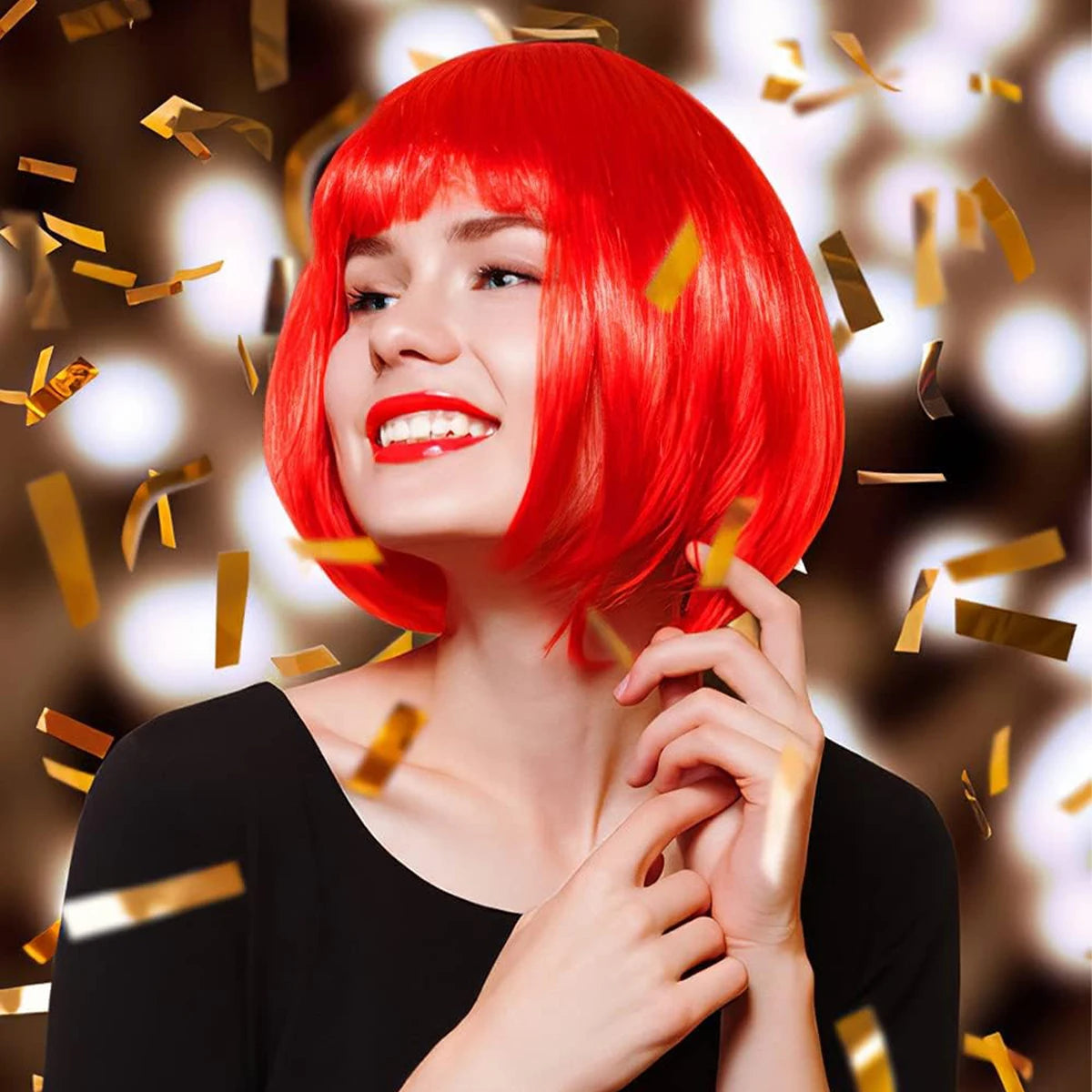 Red Short Straight Synthetic Flat Bangs Bob Wig For Women