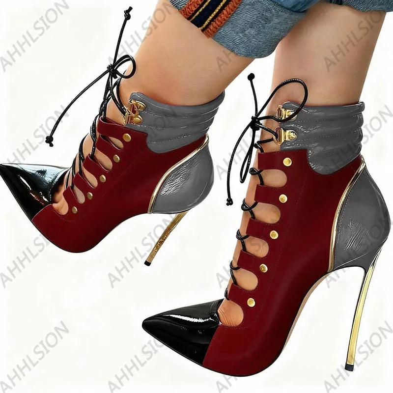 Pointed Toe Purple Leather Ankle Boots With Gold Accents For Women