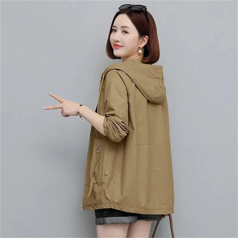 Lining Hooded Coat Female Spring And Autumn Temperament Short Jacket Casual Short Trench Coat Female Hooded Outwear Khaki