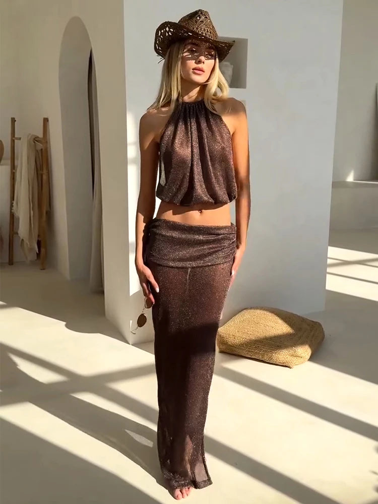 Sexy Knit Sets See-through Backless Lace-up Top Beach Half Skirt Two-piece Swimsuit Cover Up 2025 Summer Women Party Outfit K167