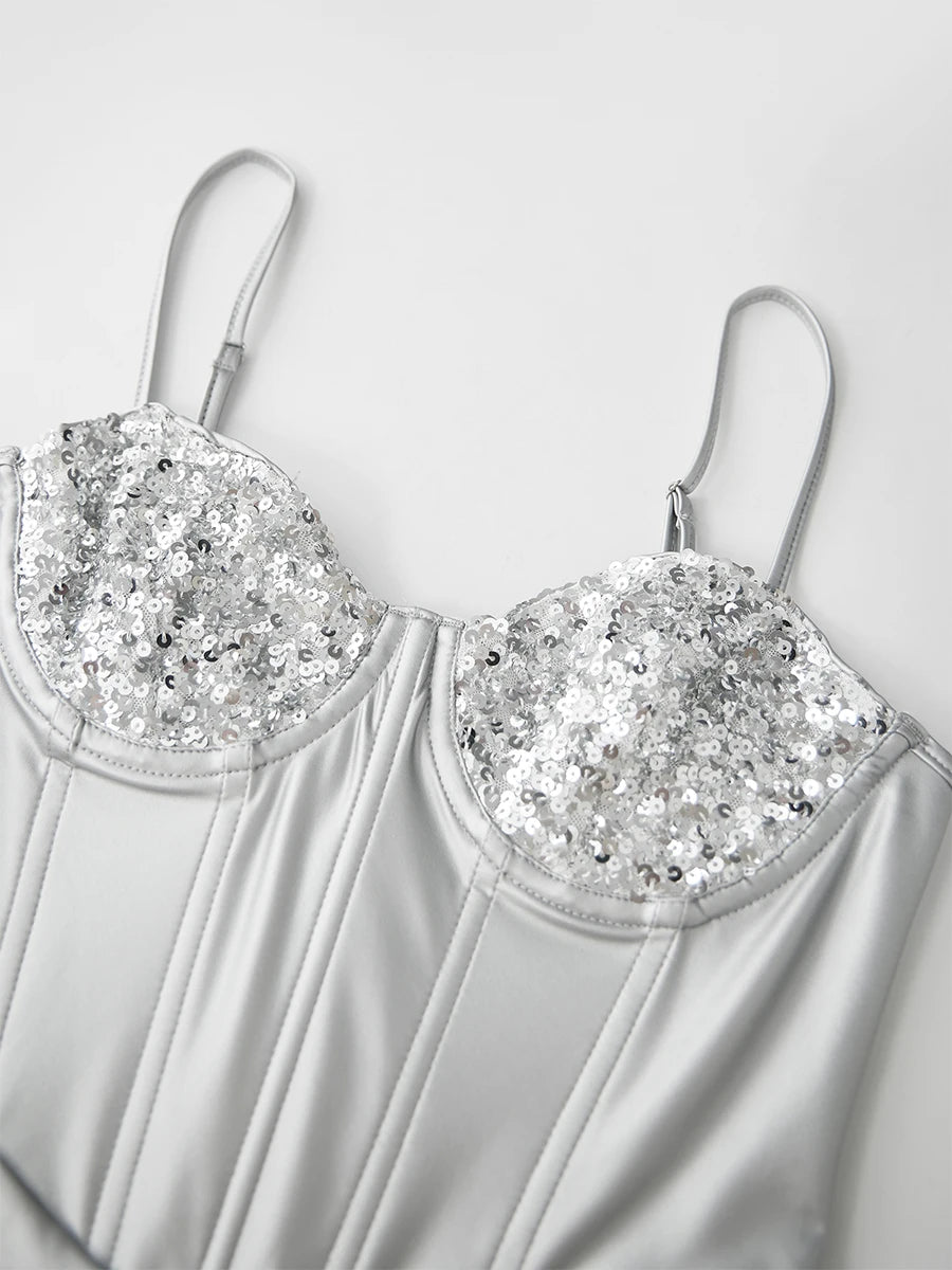 Slim Sparkly Sequin Spaghetti Strap Bodysuit for Women