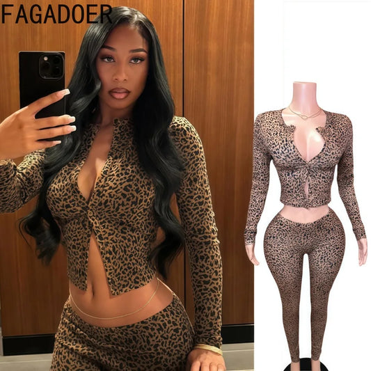 FAGADOER Fashion Leopard Print 2 Piece Sets Women Outfit Long Sleeve Crop Top + Low Waist Skinny Pants Suits Female Streetwear