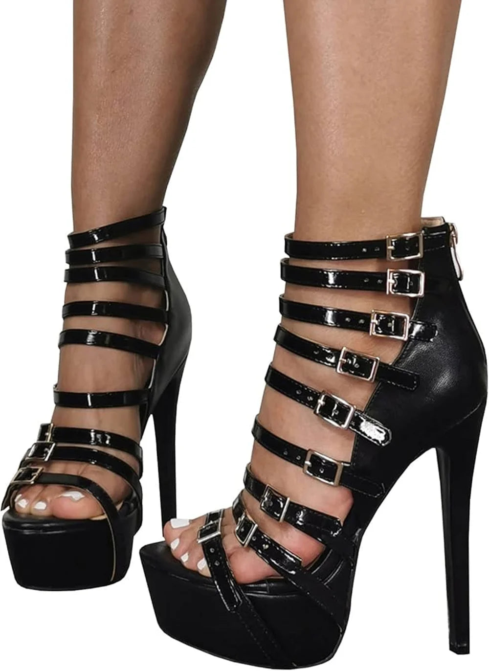 Black Patent Strappy Stiletto Sandals