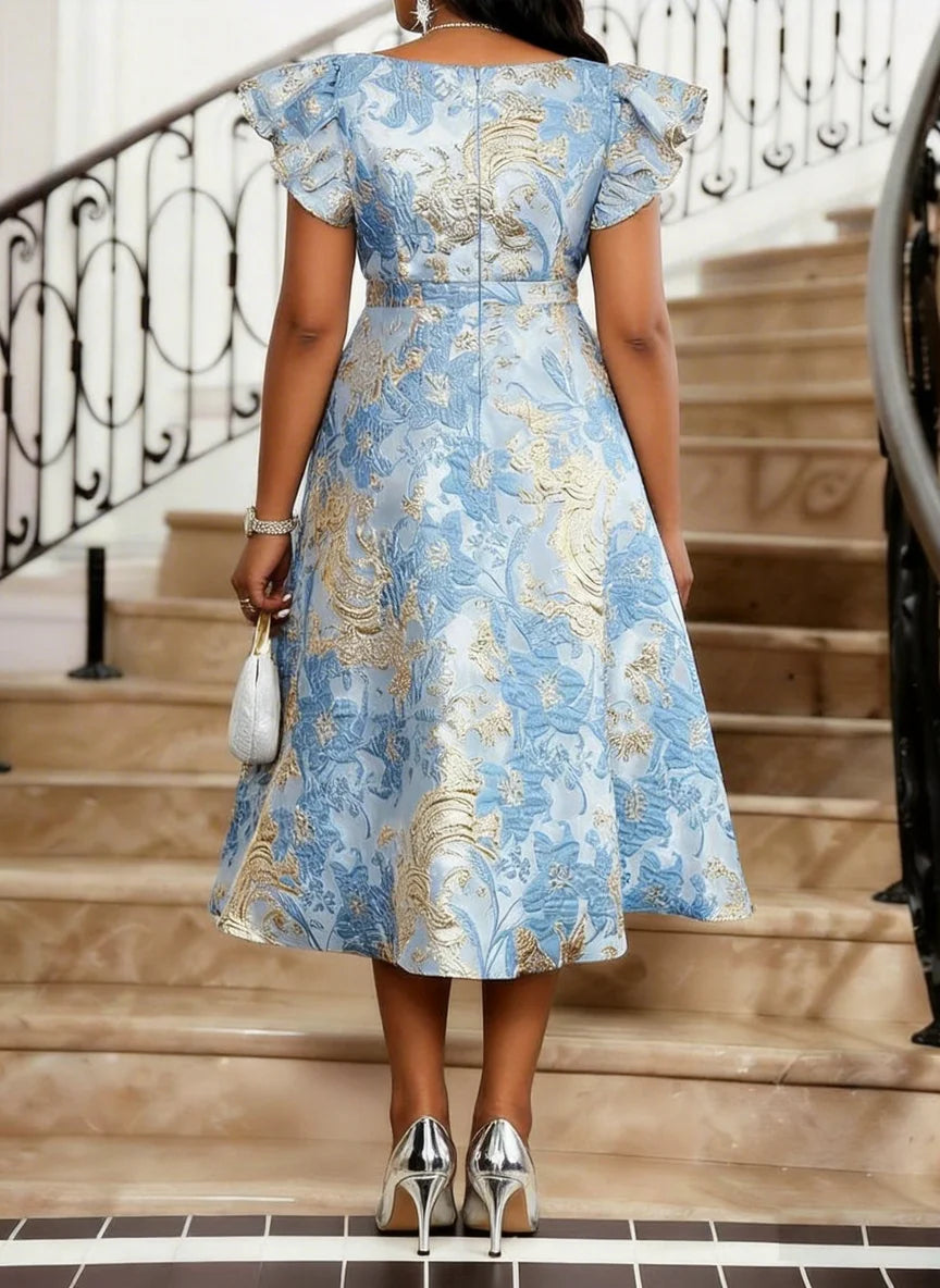 Plus Size Round Neck Ruffle Short Sleeve Printed Midi Flare Dress For Women Wedding Guest  Daily Elegant Party Occasions