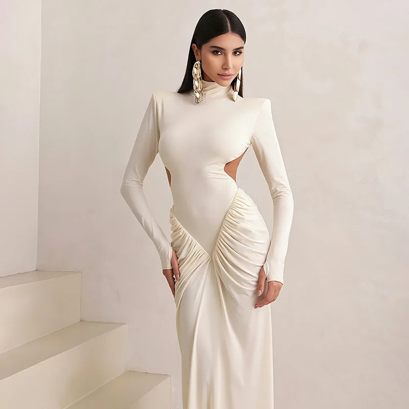 Long Sleeve Backless Ruched Maxi Dress