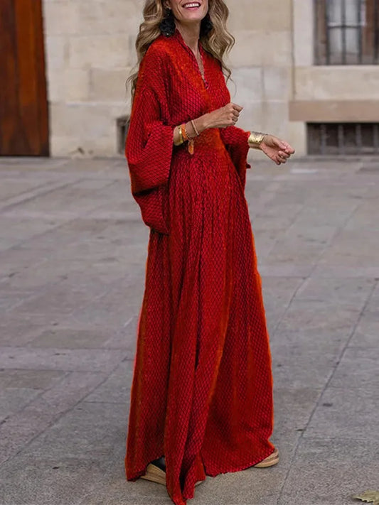 Gymystars Black Plaid Long Dresses Women's Evening Dress 2025 Loose Flared Sleeves Pleated Vintage V-Neck Vacation Party Dress