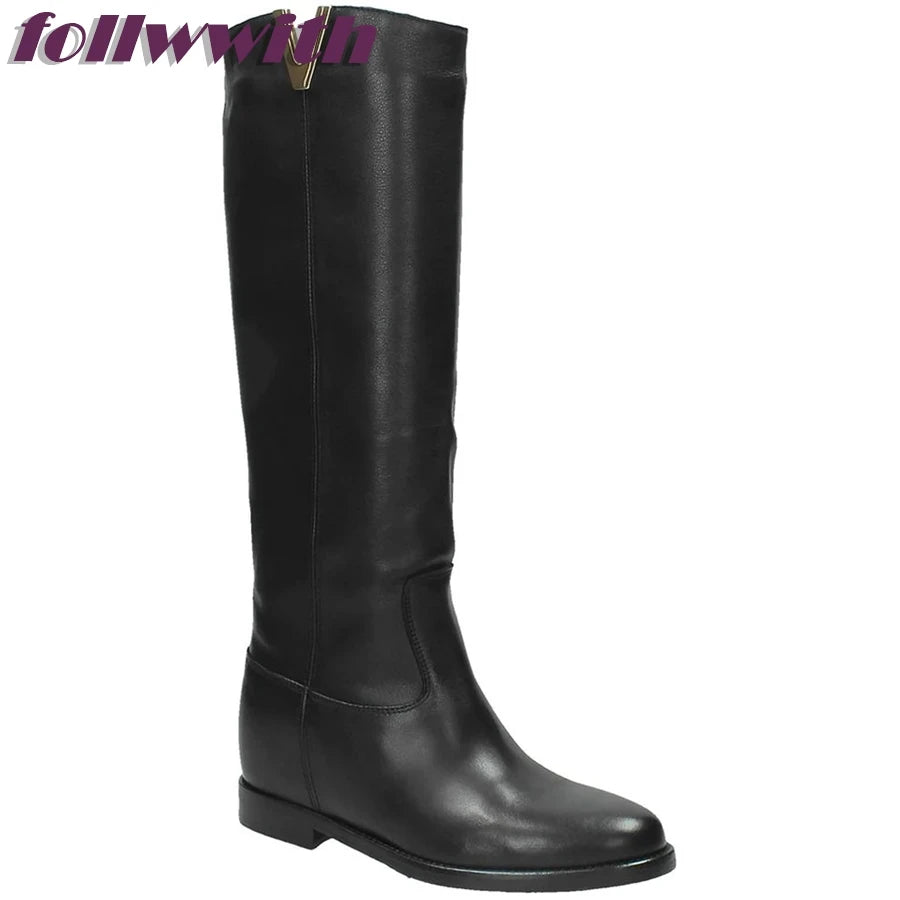 Leather Over The Knee Flat Boots With Buckle And Round Toe For Women