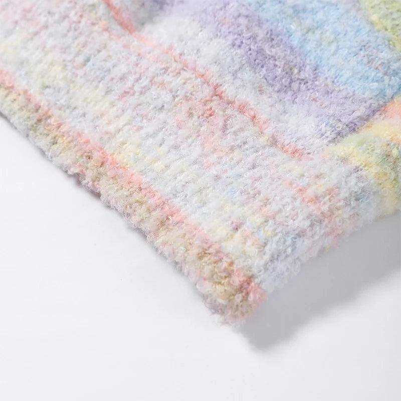 Colorful Rainbow Stripe Hooded Knit Cardigan for Women
