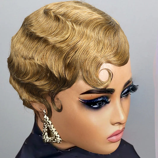 Short Finger Wave Wig Human Hair Wigs For Women 180% Density Brown Short Ocean Wave Wig Pixie Cut Wigs for Woman Natural Look