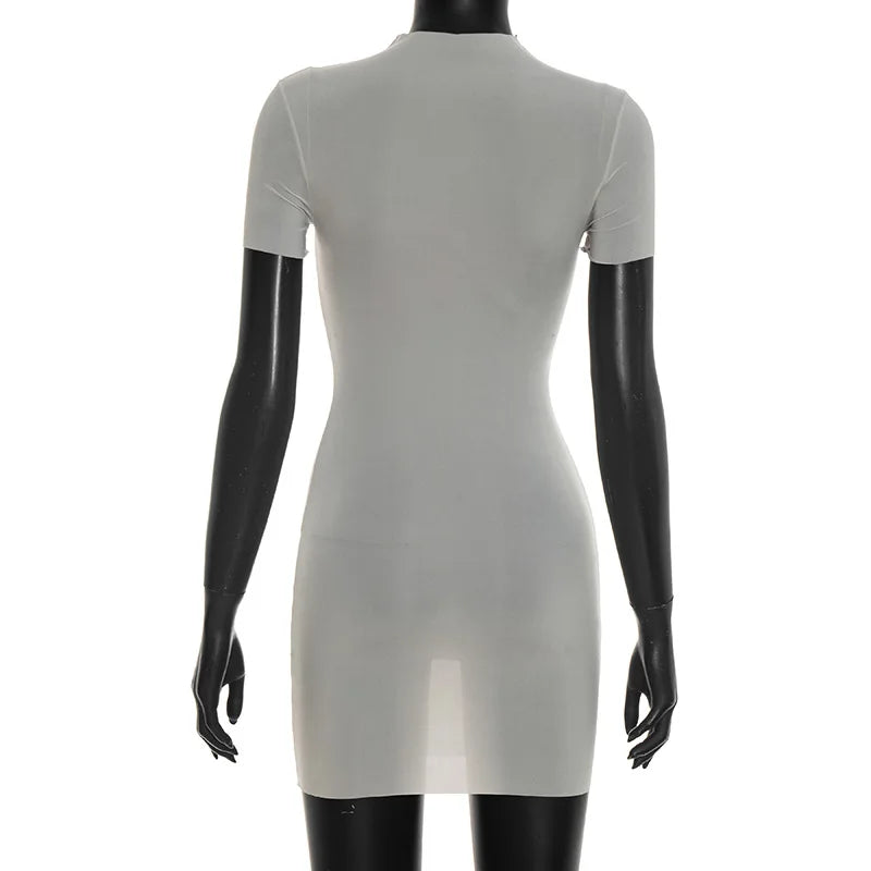 Sheer Short Sleeve Stretch Bodycon Mini Dress Solid Color for Women