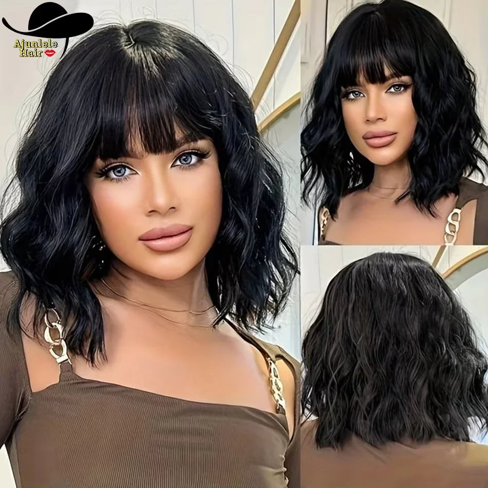Natural Black Body Wave Bob Wig With Bangs for Women