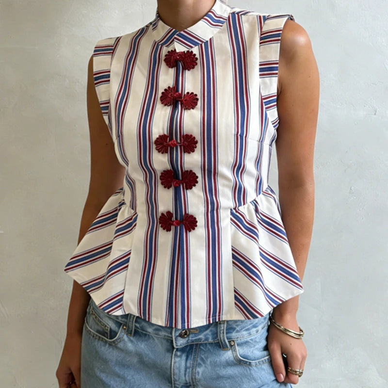 Striped Mandarin Collar Peplum With Button Front Top for Women