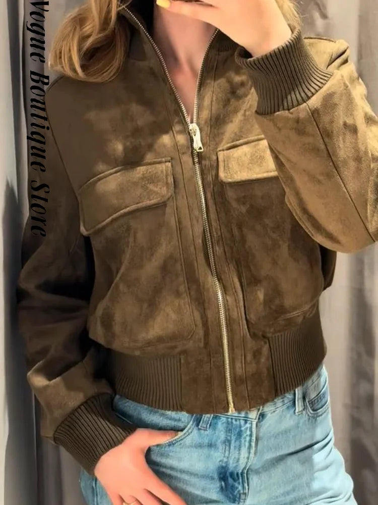 Vintage Suede Long Sleeve Jacket with Pockets for Women