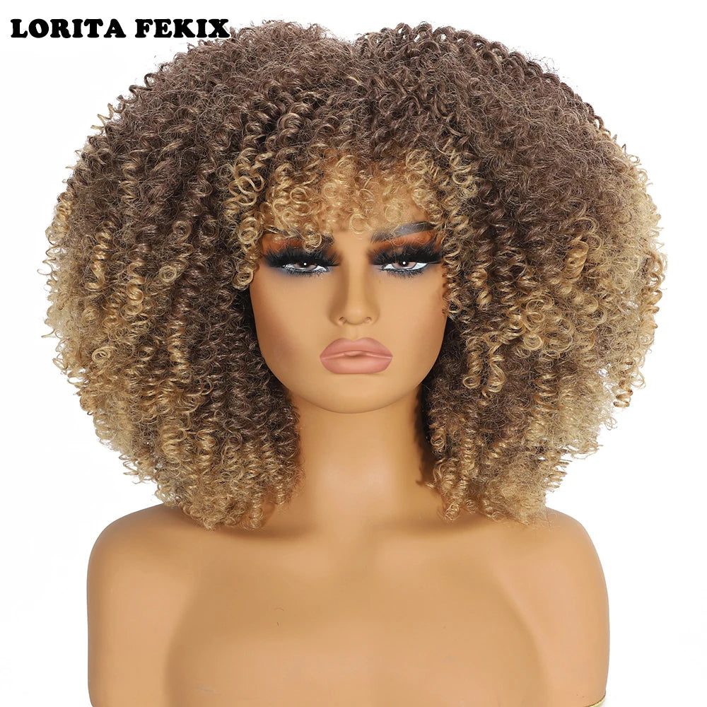 Heat Resistant Short Kinky Curly Wig With Bangs For Women