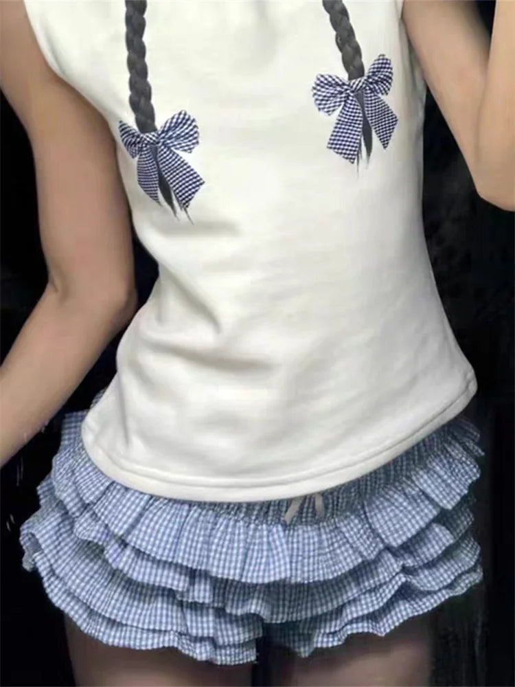 Layered Ruffle Elastic Waist Plaid Shorts for Women