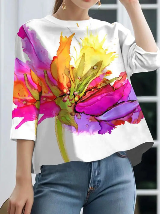 Women T-shirt 2024 New Summer Casual Simple Tops Round Neck Three-Quarter Sleeves Floral Printed Loose Fit Pullovers