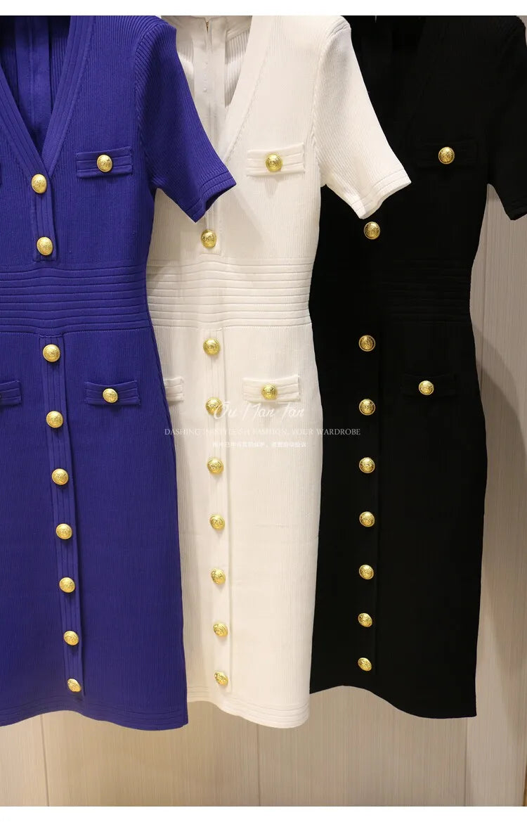 2026 Summer Fashion V-neck Metallic Buckle Knit Bodycon Midi Dress Women's Commute Slim Fit Elegant Short Sleeve Dresses