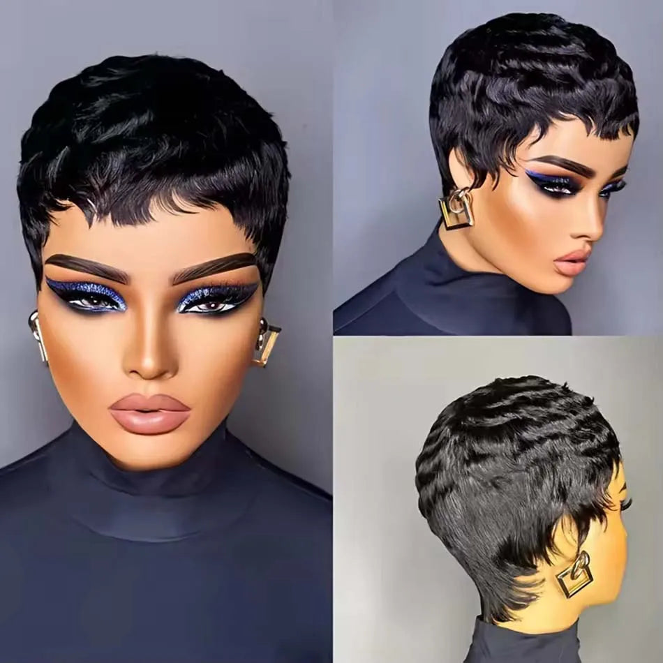 Natural Short Pixie Cut Curly Brazilian Remy Wig for Women